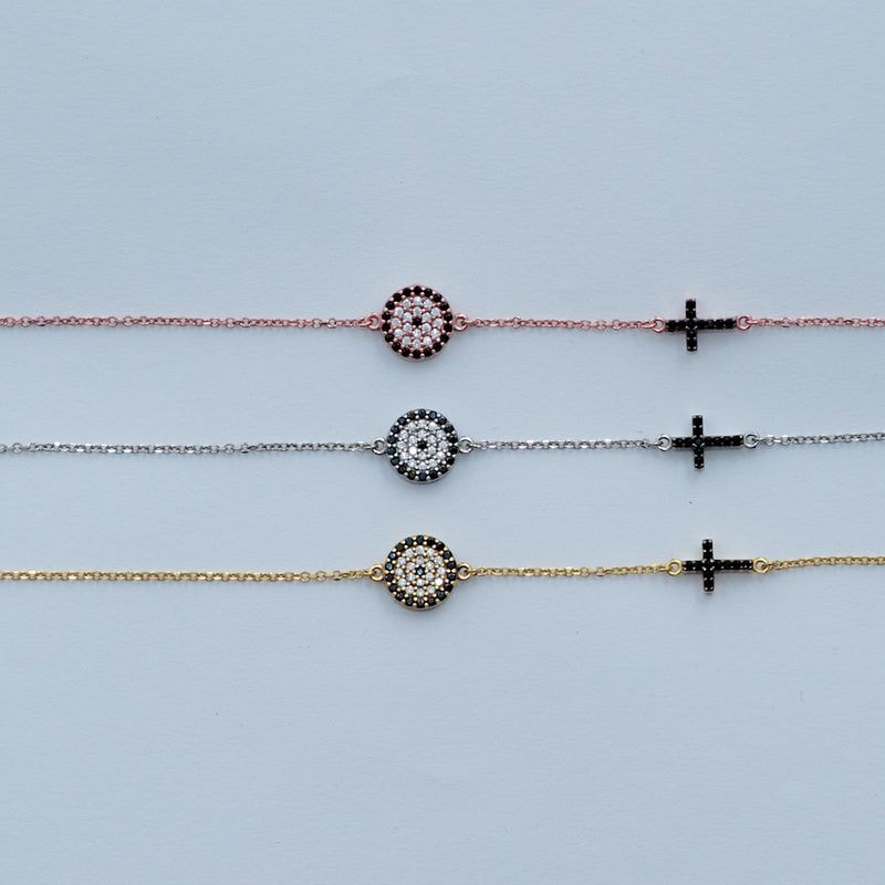 B034 Evil Eye Bracelet Medium Size With Double Faced Cross