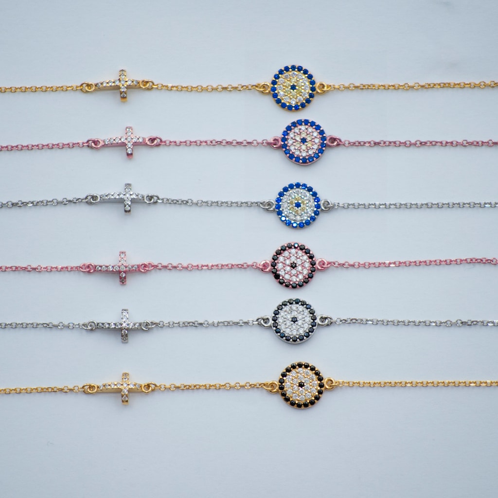 B074 Evil Eye Bracelet With Cross Medium Size